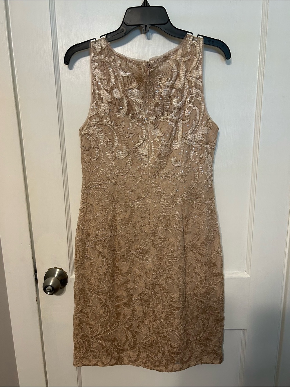 Calvin Klein Sleeveless Midi Sheath Dress in Champagne Gold Lace